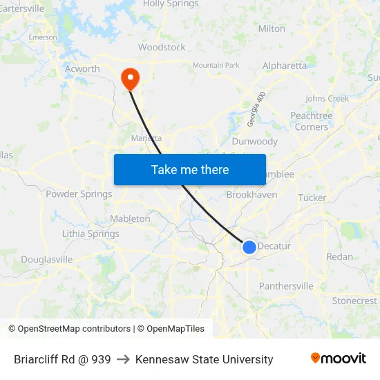 Briarcliff Rd @ 939 to Kennesaw State University map