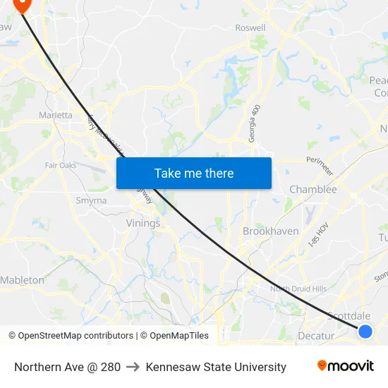 Northern Ave @ 280 to Kennesaw State University map