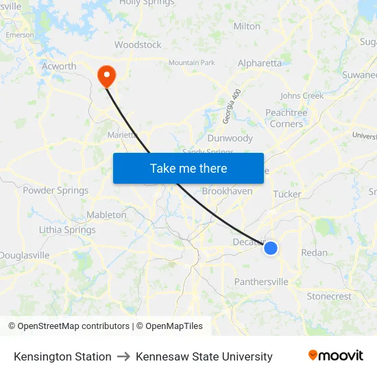 Kensington Station to Kennesaw State University map