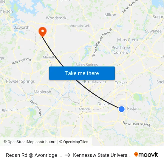 Redan Rd @ Avonridge Dr to Kennesaw State University map
