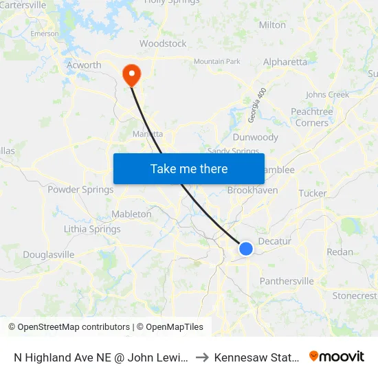 N Highland Ave NE @ John Lewis Freedom Pkwy NE to Kennesaw State University map