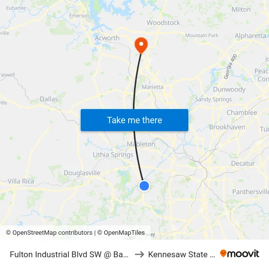 Fulton Industrial Blvd SW @ Bakers Ferry Rd (S) to Kennesaw State University map