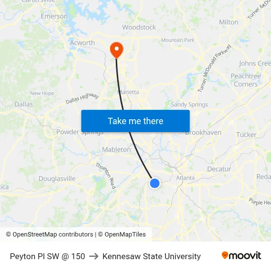 Peyton Pl SW @ 150 to Kennesaw State University map
