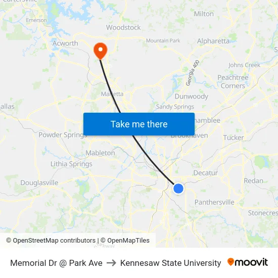 Memorial Dr @ Park Ave to Kennesaw State University map