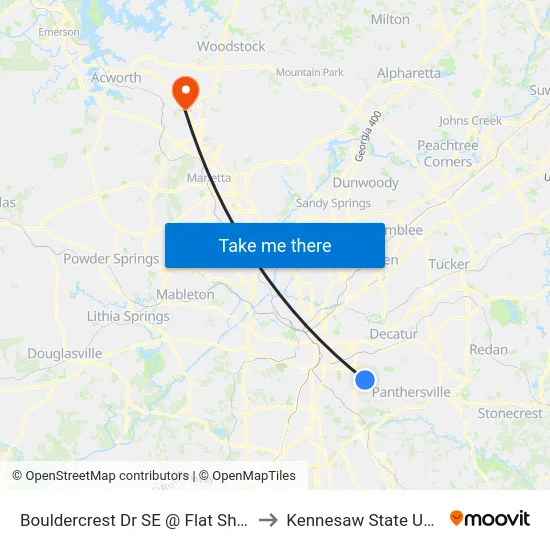 Bouldercrest Dr SE @ Flat Shoals Rd SE to Kennesaw State University map