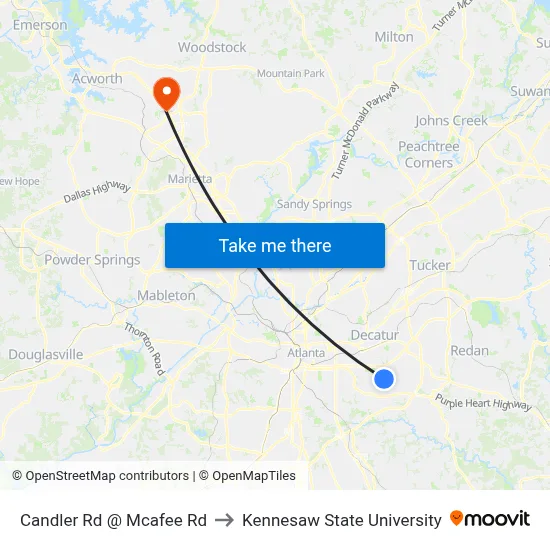 Candler Rd @ Mcafee Rd to Kennesaw State University map