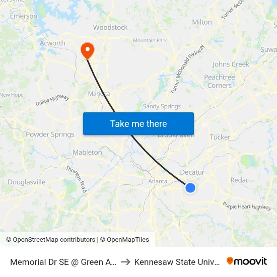 Memorial Dr SE @ Green Ave SE to Kennesaw State University map