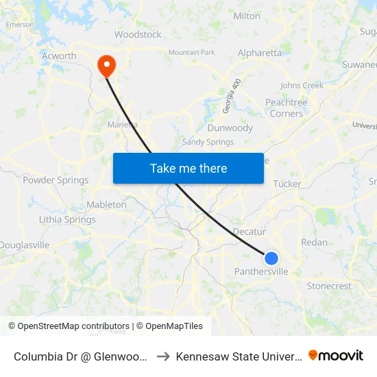 Columbia Dr @ Glenwood Rd to Kennesaw State University map