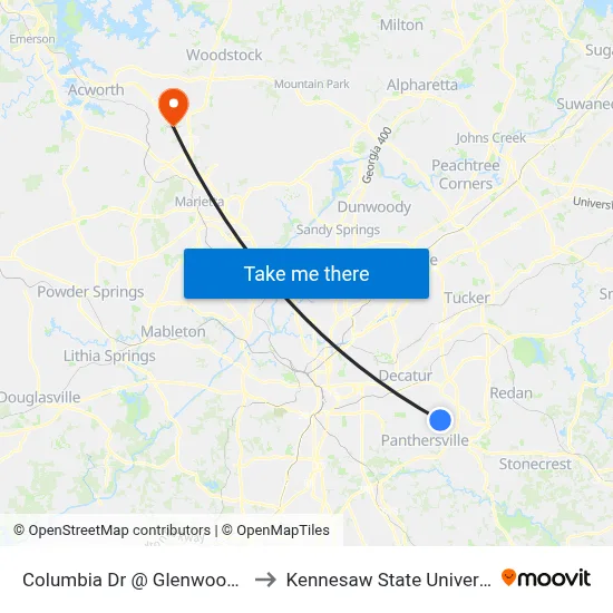 Columbia Dr @ Glenwood Rd to Kennesaw State University map