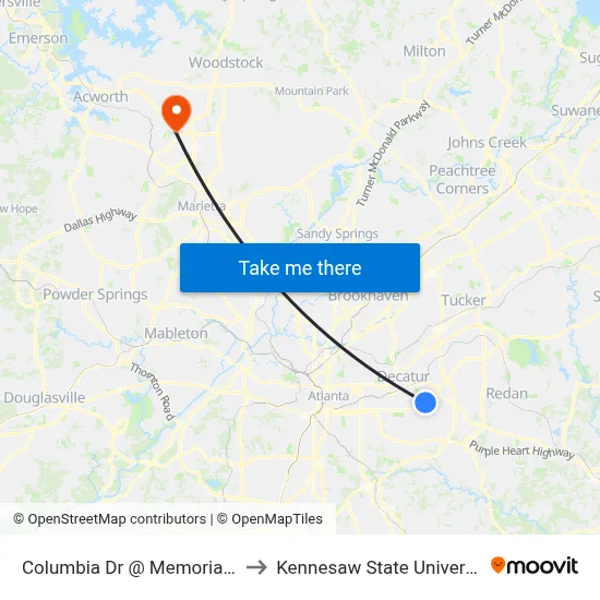 Columbia Dr @ Memorial Dr to Kennesaw State University map
