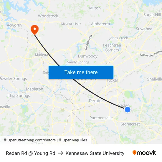 Redan Rd @ Young Rd to Kennesaw State University map