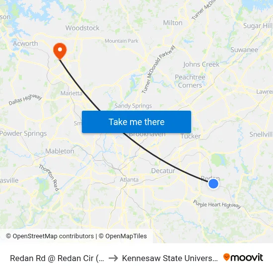 Redan Rd @ Redan Cir (E) to Kennesaw State University map