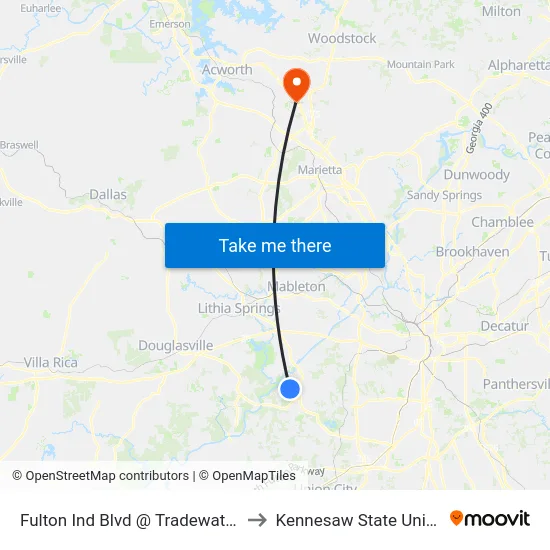 Fulton Ind Blvd @ Tradewater Pkwy to Kennesaw State University map