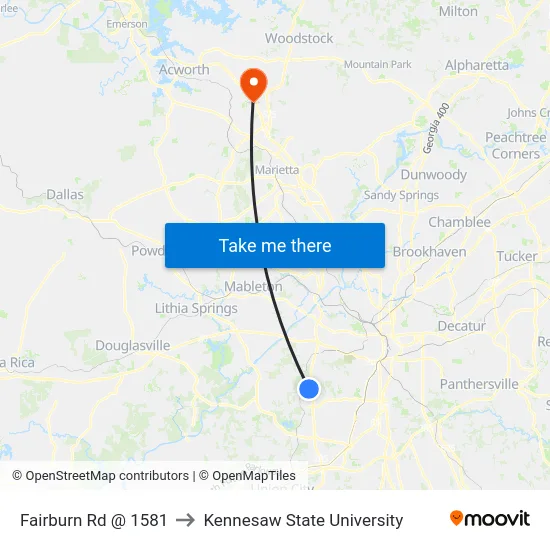 Fairburn Rd @ 1581 to Kennesaw State University map
