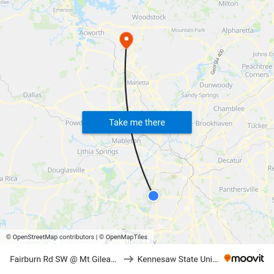Fairburn Rd SW @ Mt Gilead Rd SW to Kennesaw State University map