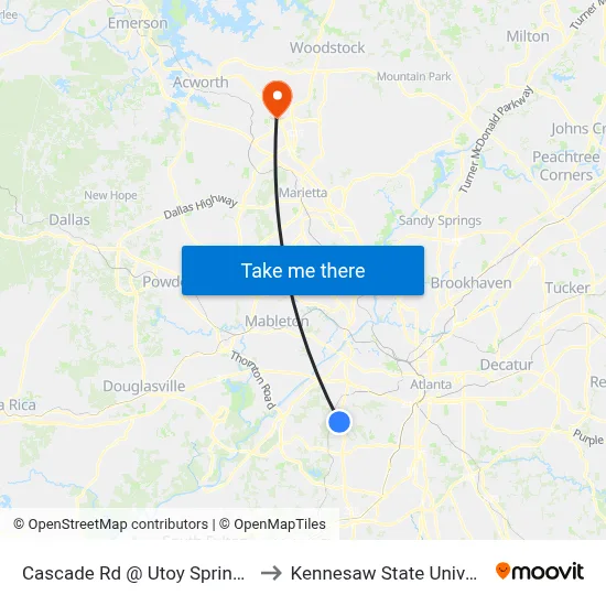 Cascade Rd @ Utoy Springs Rd to Kennesaw State University map