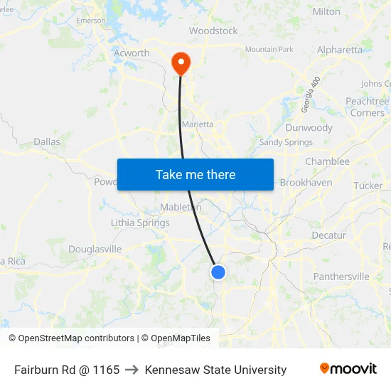 Fairburn Rd @ 1165 to Kennesaw State University map