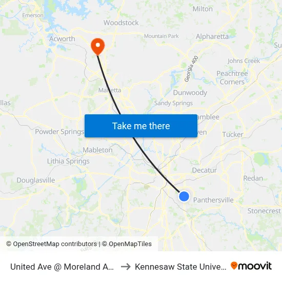 United Ave @ Moreland Ave SE to Kennesaw State University map