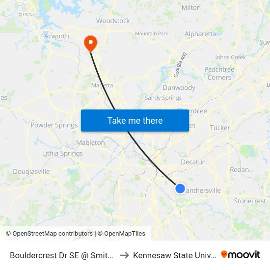 Bouldercrest Dr SE @ Smith St SE to Kennesaw State University map