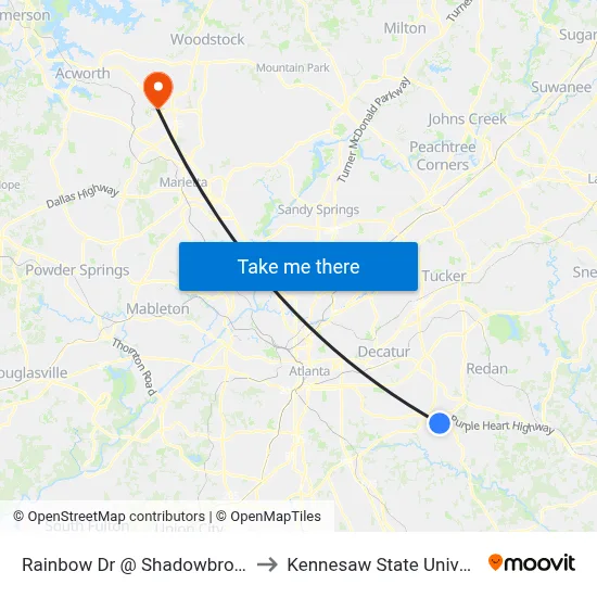Rainbow Dr @ Shadowbrook Dr to Kennesaw State University map