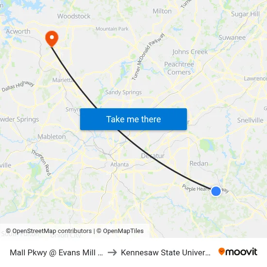 Mall Pkwy @ Evans Mill Rd to Kennesaw State University map
