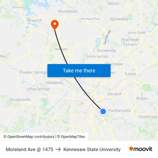 Moreland Ave @ 1475 to Kennesaw State University map
