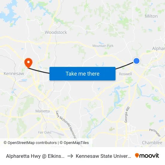 Alpharetta Hwy @ Elkins Rd to Kennesaw State University map