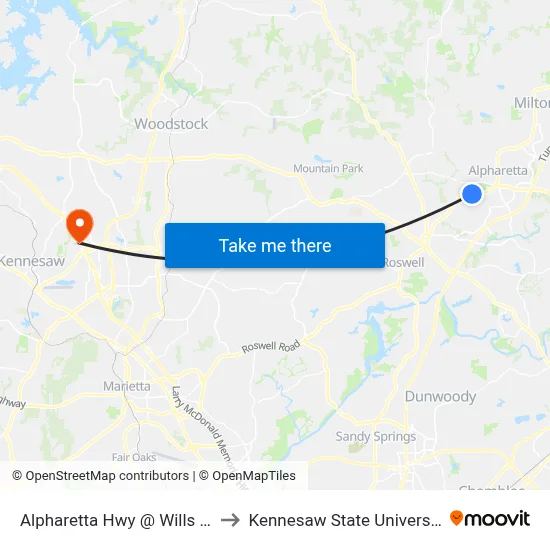Alpharetta Hwy @ Wills Rd to Kennesaw State University map