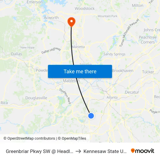 Greenbriar Pkwy SW @ Headland Dr SW to Kennesaw State University map