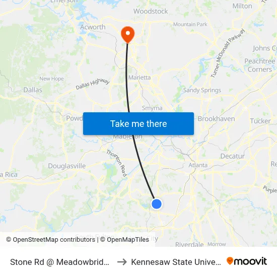 Stone Rd @ Meadowbridge Dr to Kennesaw State University map