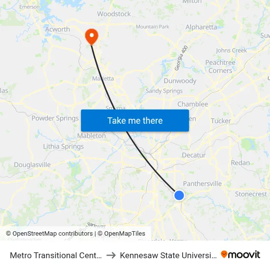 Metro Transitional Center to Kennesaw State University map