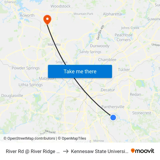 River Rd @ River Ridge Ct to Kennesaw State University map