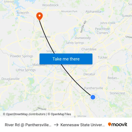 River Rd @ Panthersville Rd to Kennesaw State University map