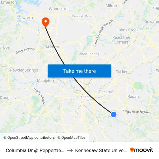 Columbia Dr @ Peppertree Cir to Kennesaw State University map