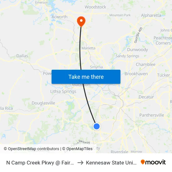 N Camp Creek Pkwy @ Fairburn Rd to Kennesaw State University map