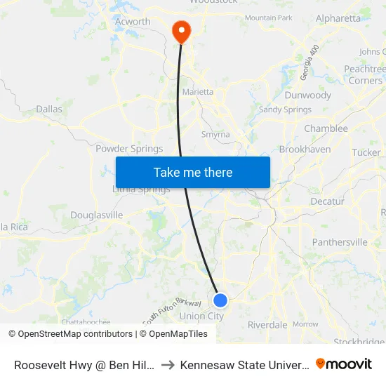 Roosevelt Hwy @ Ben Hill Rd to Kennesaw State University map