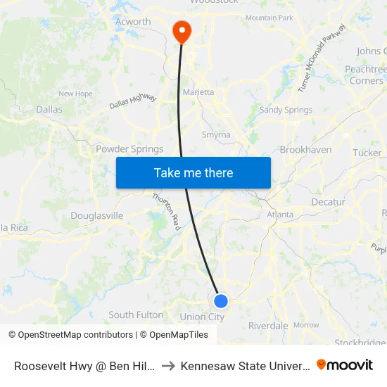 Roosevelt Hwy @ Ben Hill Rd to Kennesaw State University map