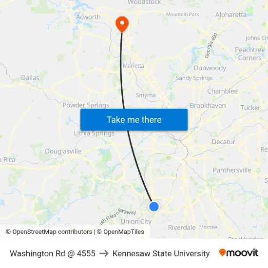 Washington Rd @ 4555 to Kennesaw State University map