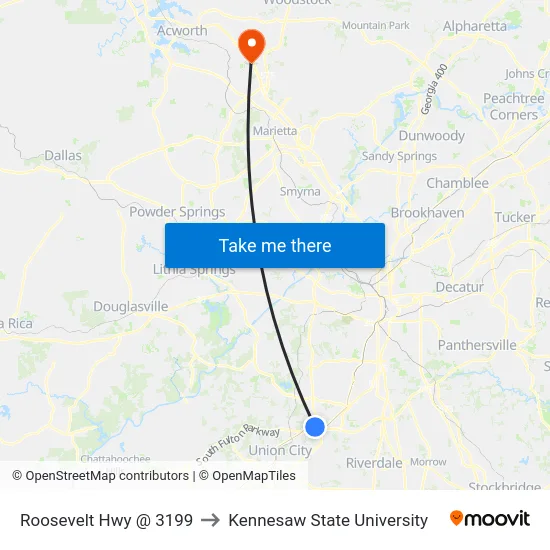 Roosevelt Hwy @ 3199 to Kennesaw State University map