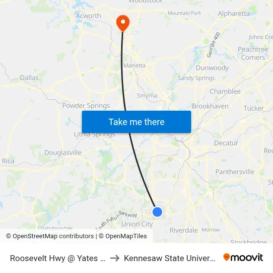 Roosevelt Hwy @ Yates Rd to Kennesaw State University map