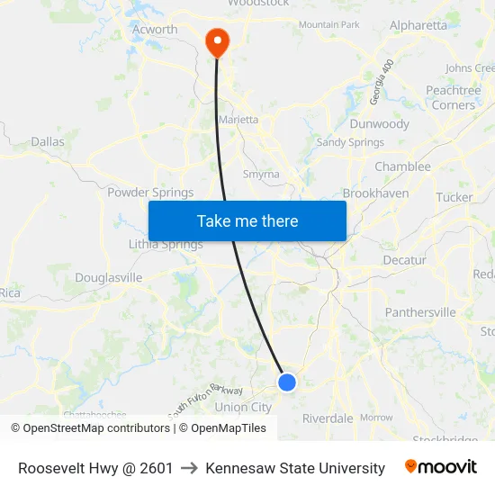 Roosevelt Hwy @ 2601 to Kennesaw State University map