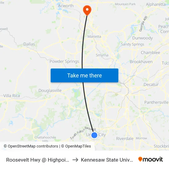 Roosevelt Hwy @ Highpoint Rd to Kennesaw State University map