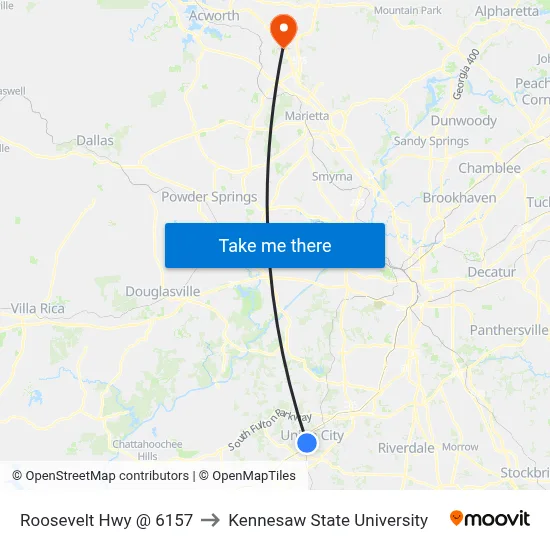 Roosevelt Hwy @ 6157 to Kennesaw State University map