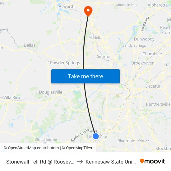 Stonewall Tell Rd @ Roosevelt Hwy to Kennesaw State University map