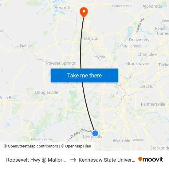 Roosevelt Hwy @ Mallory Rd to Kennesaw State University map