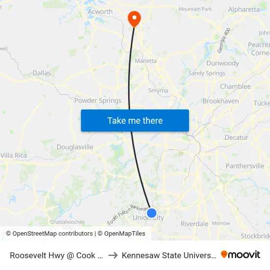 Roosevelt Hwy @ Cook Rd to Kennesaw State University map
