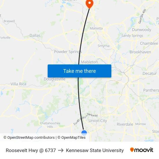 Roosevelt Hwy @ 6737 to Kennesaw State University map