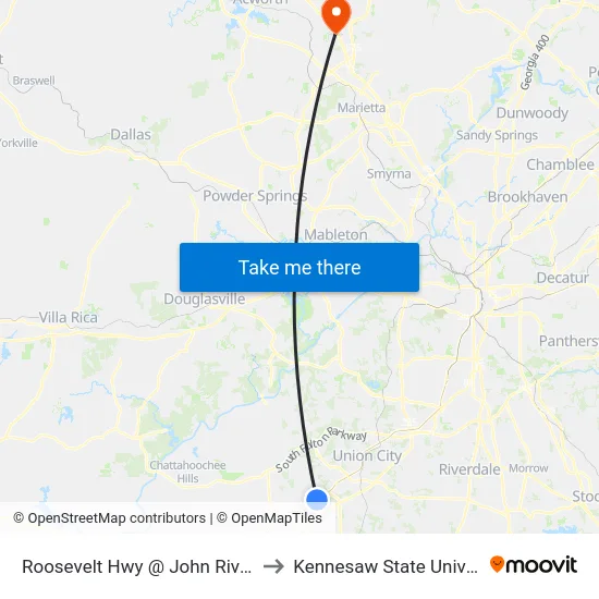 Roosevelt Hwy @ John Rivers Rd to Kennesaw State University map