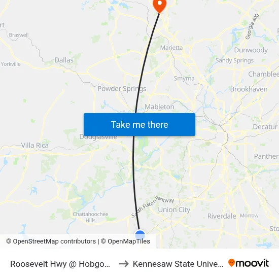 Roosevelt Hwy @ Hobgood Rd to Kennesaw State University map