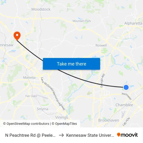 N Peachtree Rd @ Peeler Rd to Kennesaw State University map